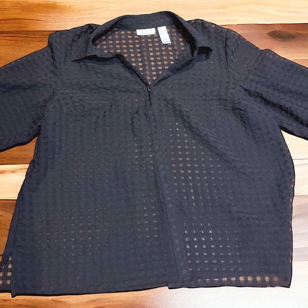Black Gingham Chiffon Button Up Woman’s Long Sleeve Collectibles Top 3X (07 JH)